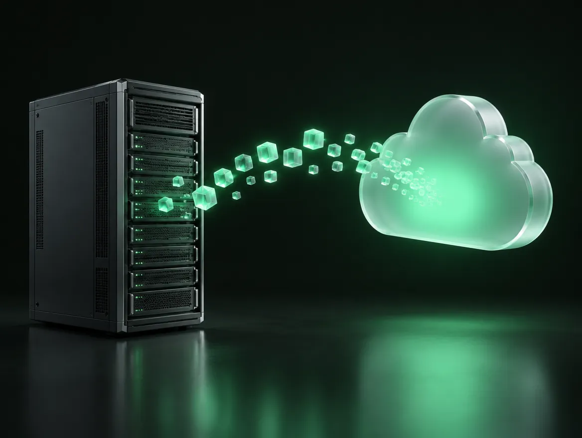 Server, aus dem leuchtende Datenwürfel in eine gläserne Wolke wandern