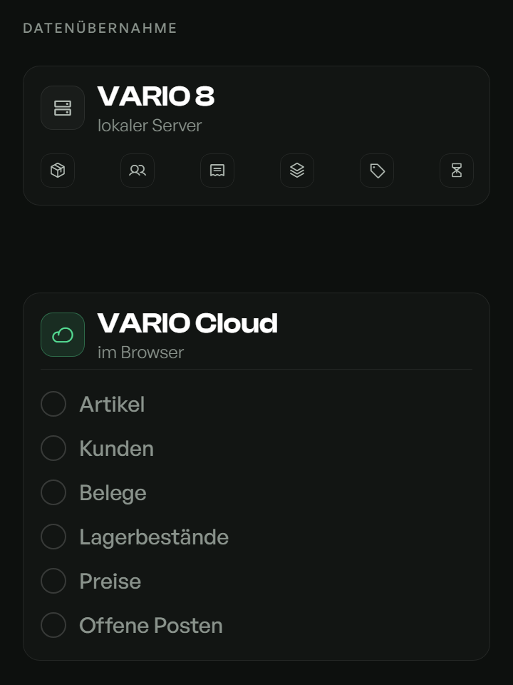 Animation: Artikel, Kunden, Belege, Lagerbestände, Preise und offene Posten wandern von VARIO 8 in die VARIO Cloud